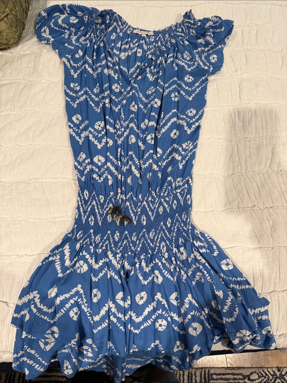 Blue Printed Off-Shoulder Mini Dress